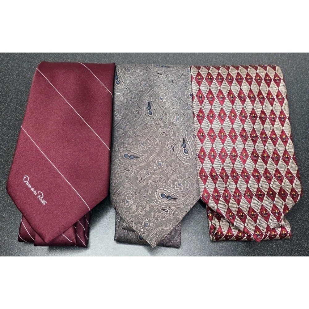 3pc OSCAR de La RENTA Neck Tie Blue Red Gray 100% SILK Career Business Office